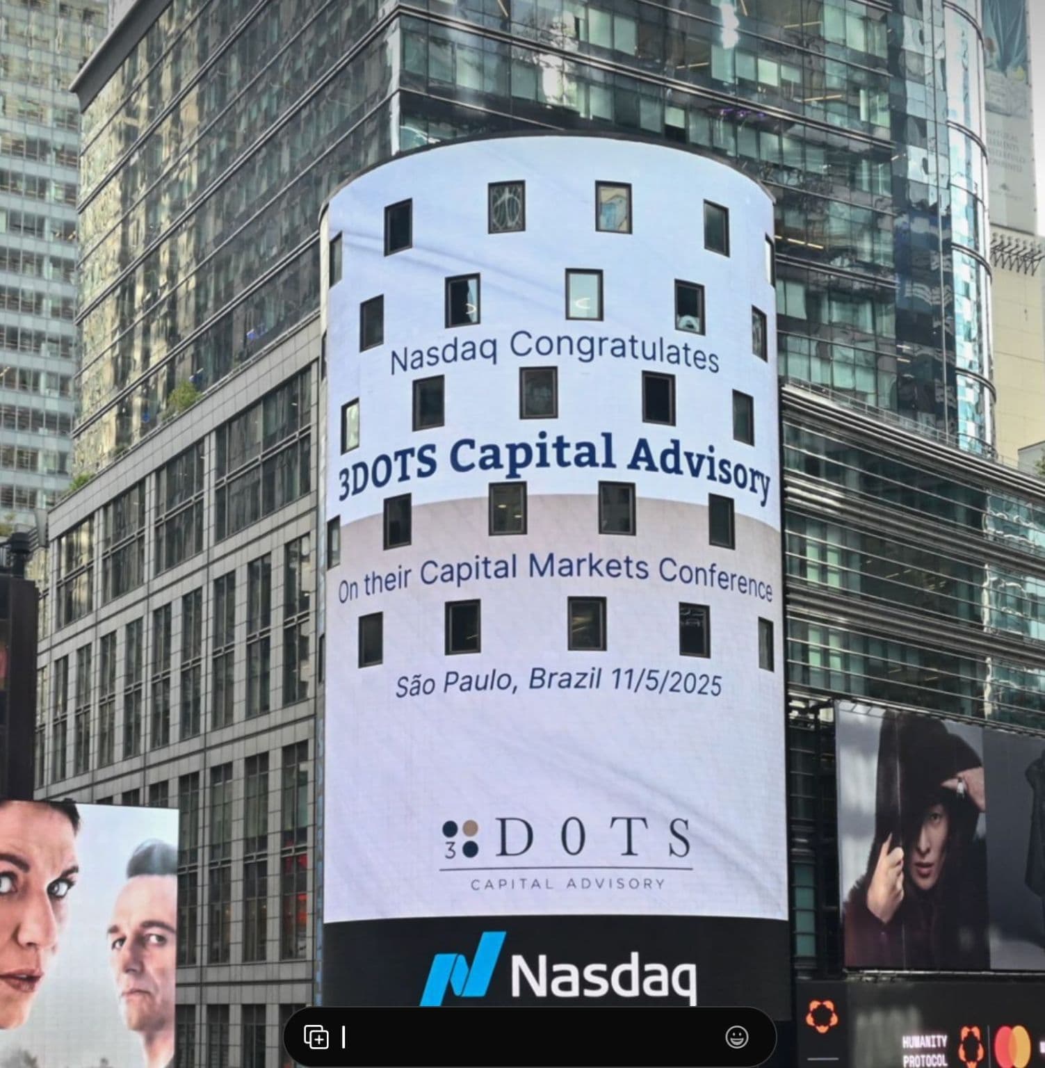 Nasdaq congratula 3DOTS Capital Advisory sulla Nasdaq Tower, Times Square